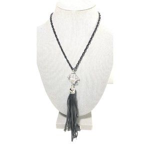Women’s 24” Black Chain Necklace w/ Leather tassel pendant & Crystal Gem accent